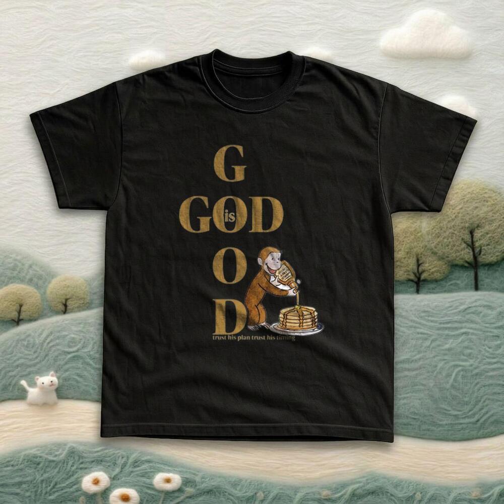 Black Gildan Curious George God Is Good Pancakes Style T-Shirt